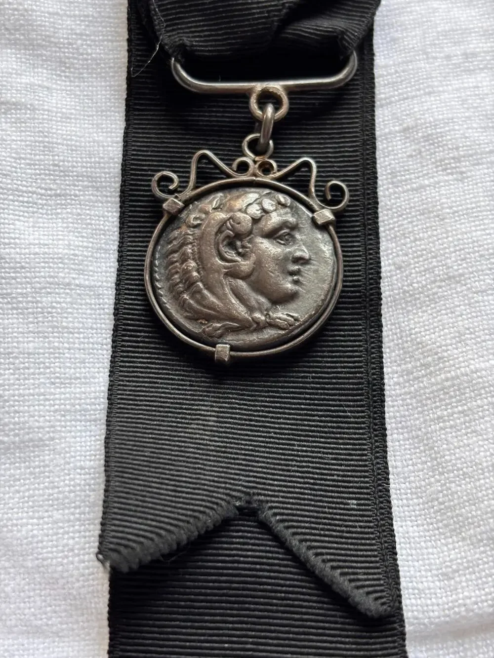 Alexander The Great Coin Fob Ancient Greek Silver Medallion Watch Chain Ribbon